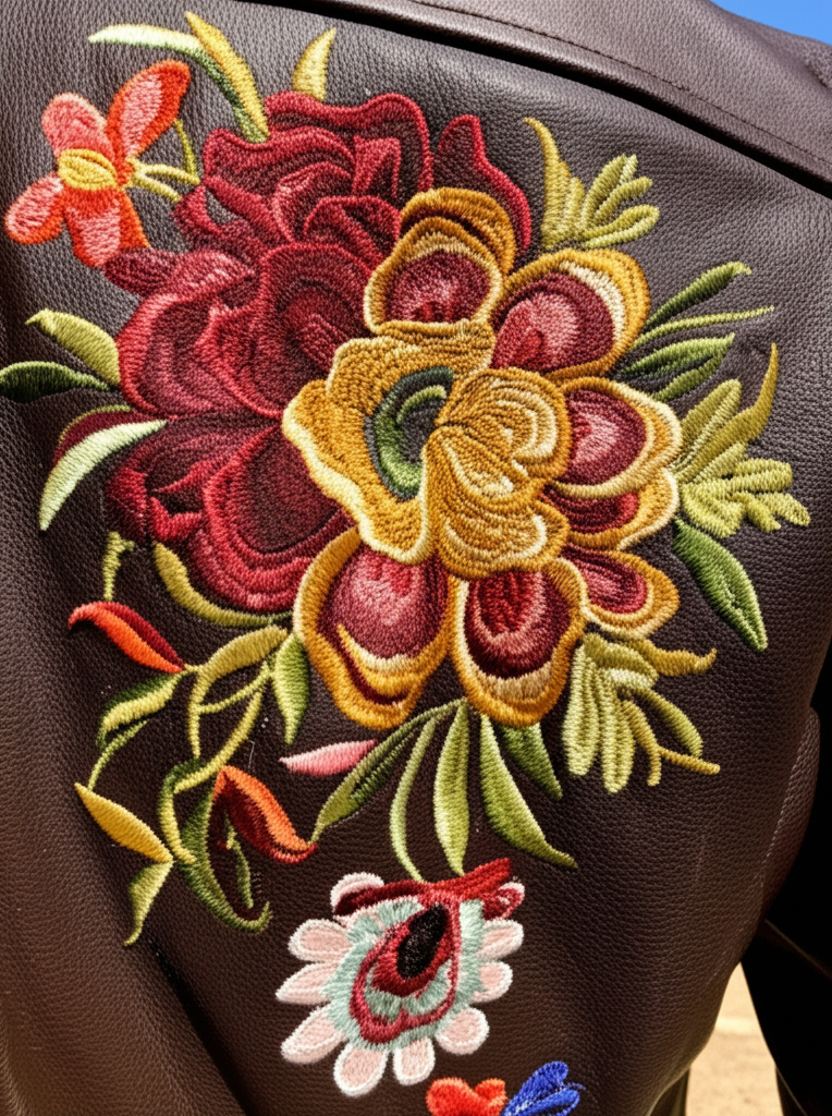 Sudarshan Embroidered Lamb-Skin Moto Jacket embroidery detail